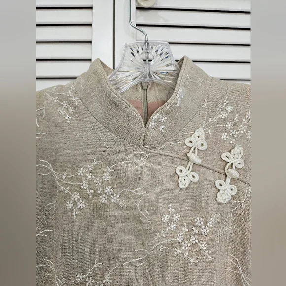 Elegant Tan Midi Dress with Floral Accents - Picture 3 of 12